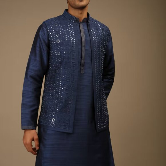 BRAND NEW Navy Blue Nehru Jacket And Kurta Set KALKI Size 38/M - Picture 5 of 6